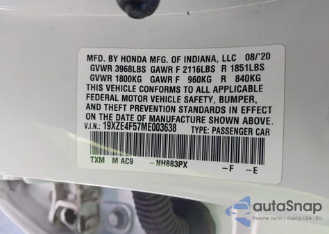 2021 Honda Insight Ex из США, поврежденный, VIN 19XZE4F57ME003638